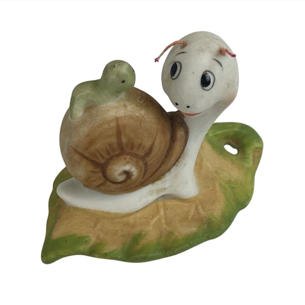 Vintage Ceramic Snail & Baby Figurine On Leaf Hand-Painted Cute Collectible Homc